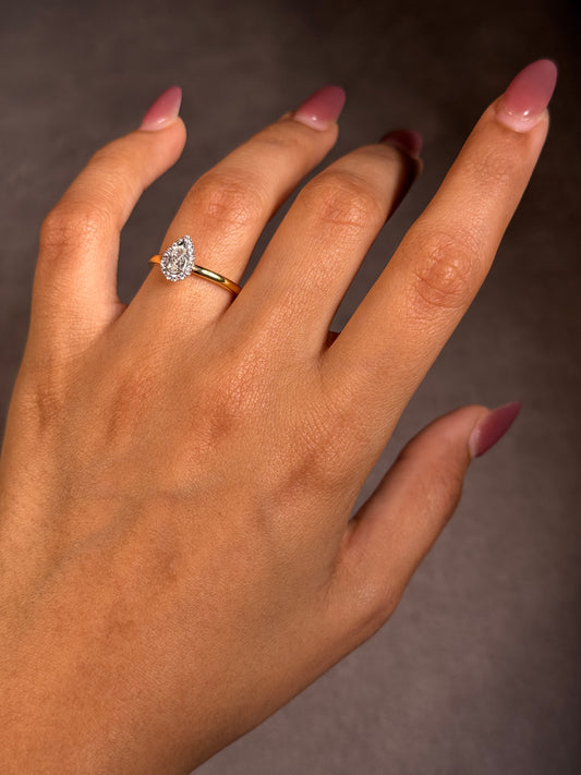 0.41 Carat Pear Cut Halo Diamond Ring in 18K Yellow Gold