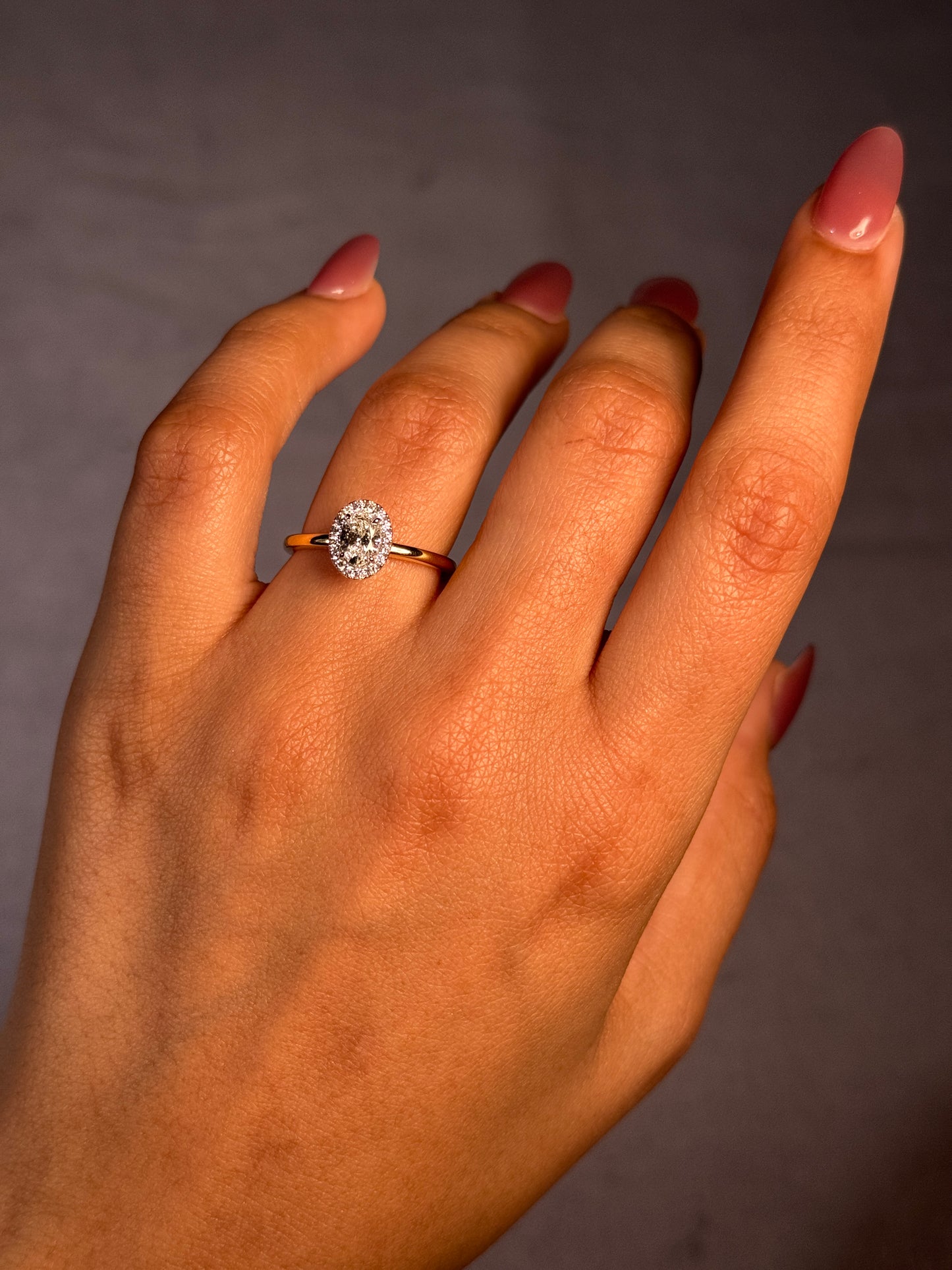 Lab Grown 0.63 Carat Oval Diamond Halo 18 Carat Yellow Gold Ring