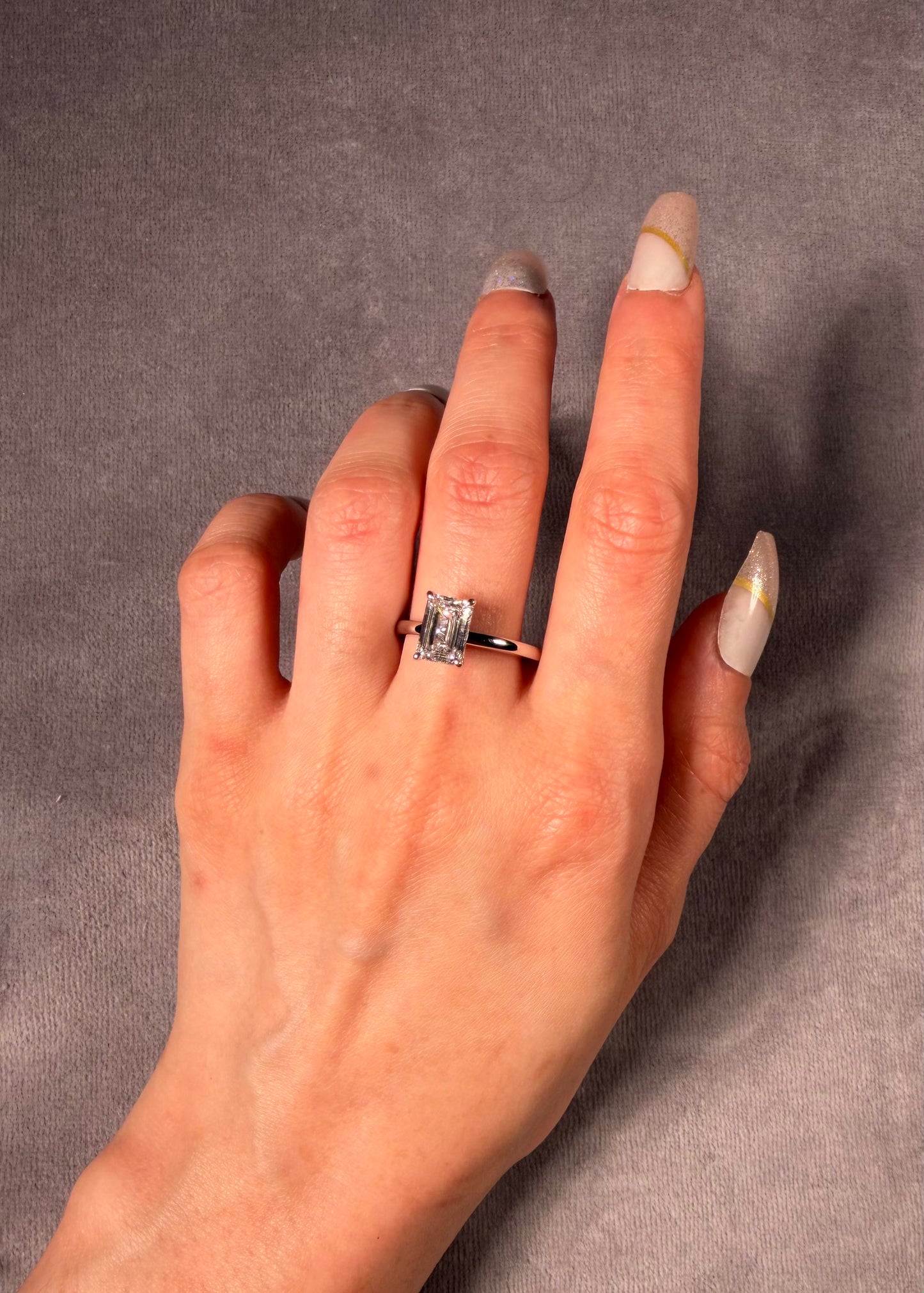 Lab Grown Emerald Cut Diamond Solitaire Ring, 18K White Gold. T=2.02ct