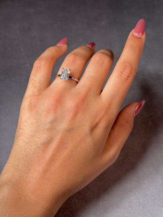 Lab Grown Emerald Cut Diamond Solitaire Ring, 18K White Gold. T=2.02ct