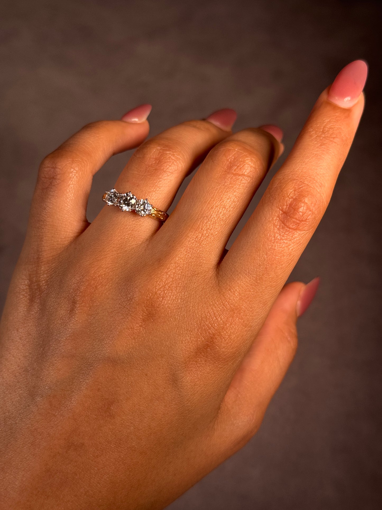 Lab Grown Diamond Trilogy Ring in 18 Carat Yellow White Gold T=1.10ct