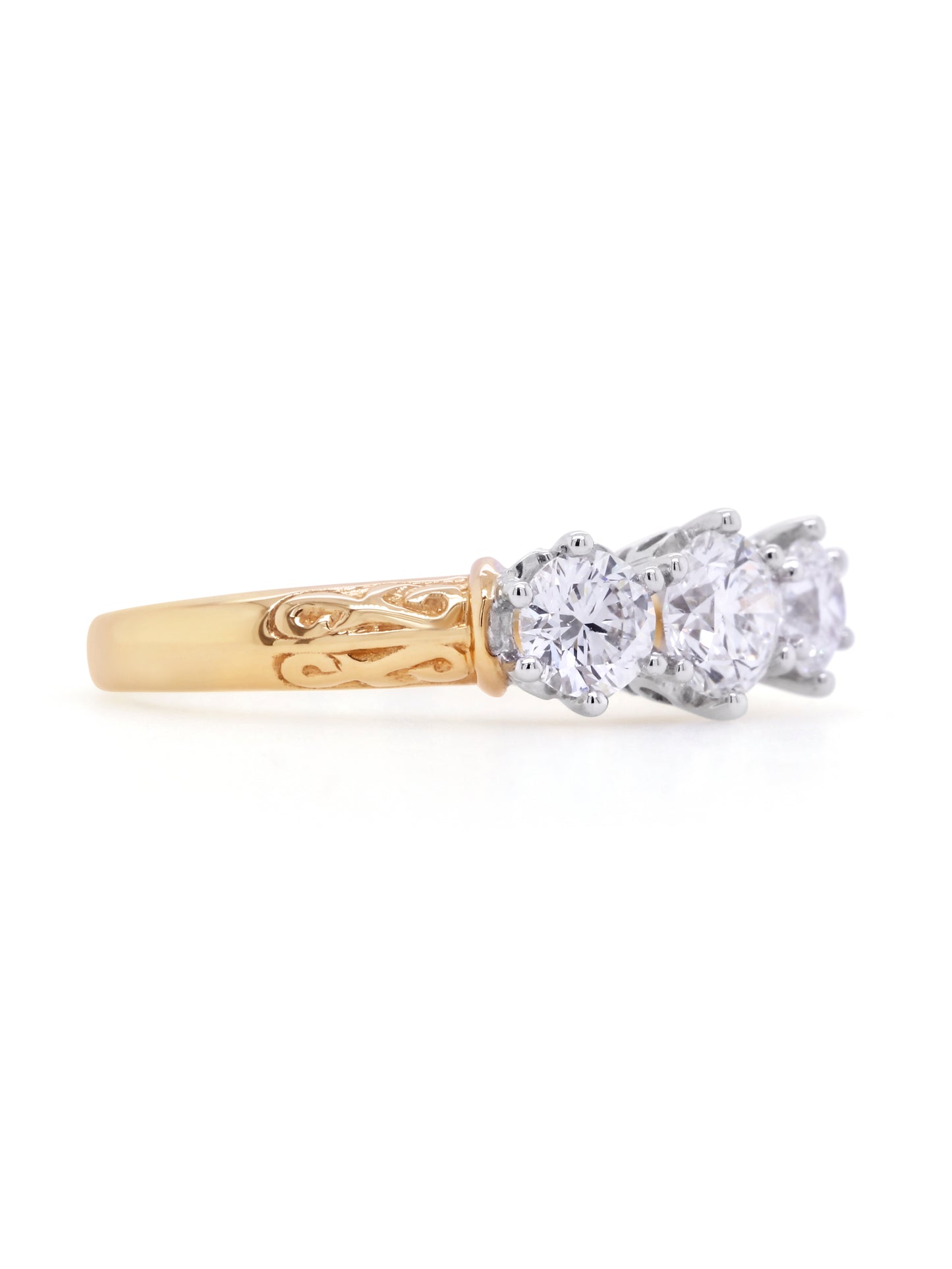 Lab Grown Diamond Trilogy Ring in 18 Carat Yellow White Gold T=1.10ct