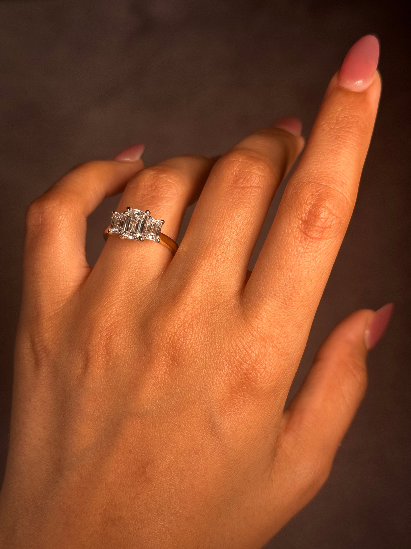 Lab Grown 2.50 Carat Emerald Cut Diamond Trilogy Ring, 18K Yellow Gold