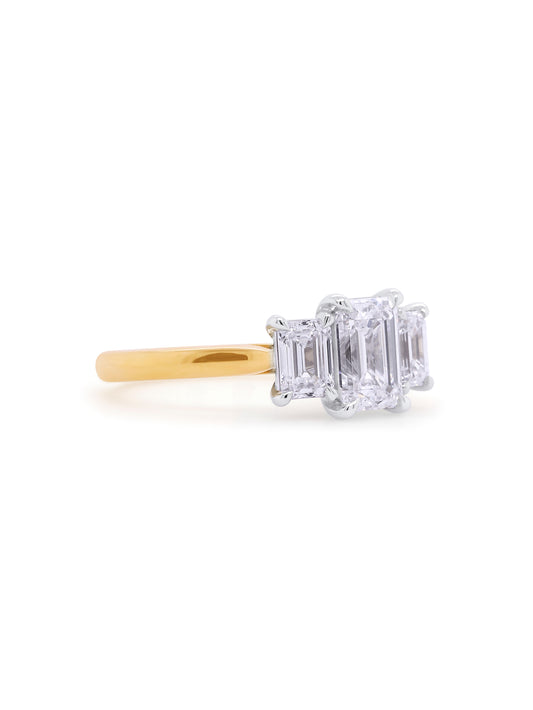 Lab Grown 2.50 Carat Emerald Cut Diamond Trilogy Ring, 18K Yellow Gold