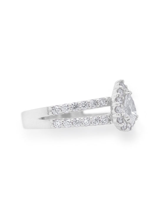 0.50ct Pear Cut Centre, 36=1.08ct RBC Diamonds, 18K White Gold Ring.