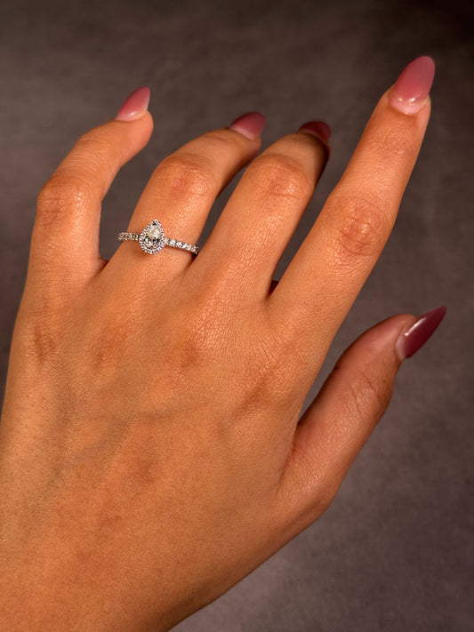 0.55 Carat Pear Halo Diamond, 18K White Gold Ring