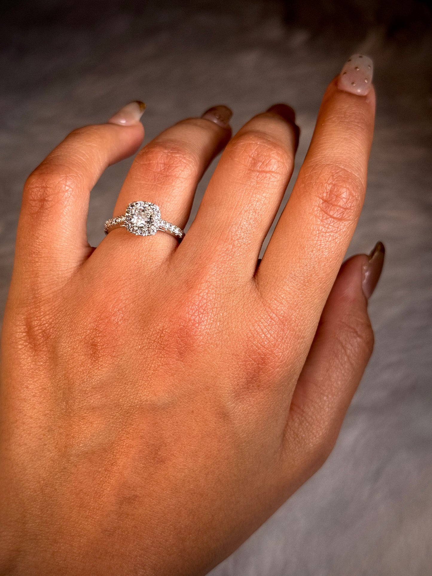 Cushion Cut Diamond Halo Ring, T=1.34 Carat, 18 Carat White Gold.