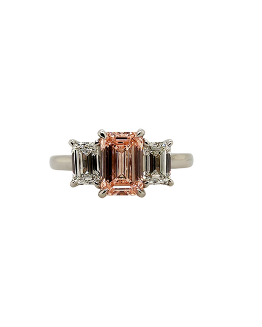 Lab Grown Fancy Vivid Pink Diamond Trilogy Ring, 2=1.04ct LGD Platinum