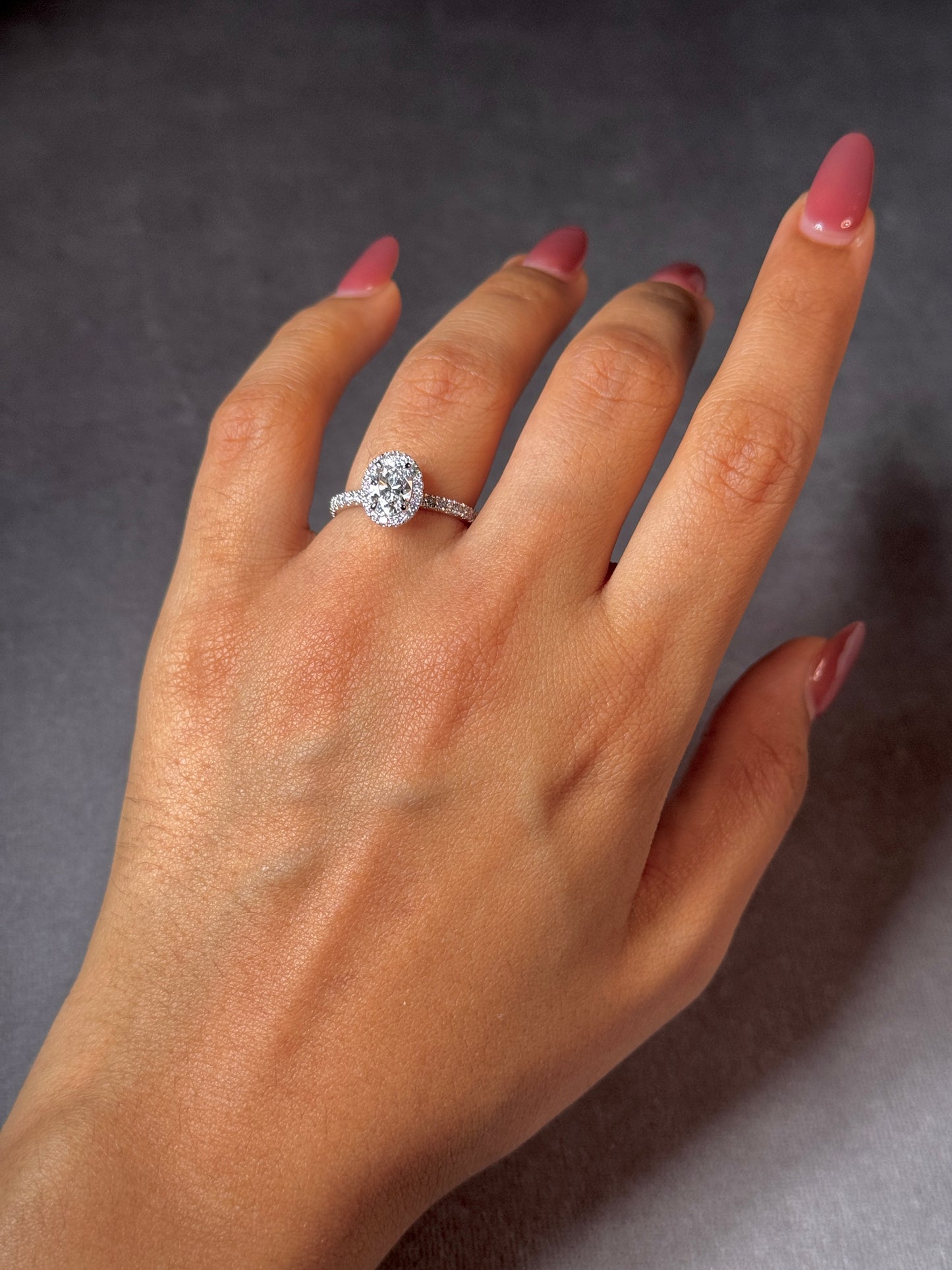 Lab Grown Oval Halo Diamond Ring in 18 Carat White Gold, T=1.43ct.
