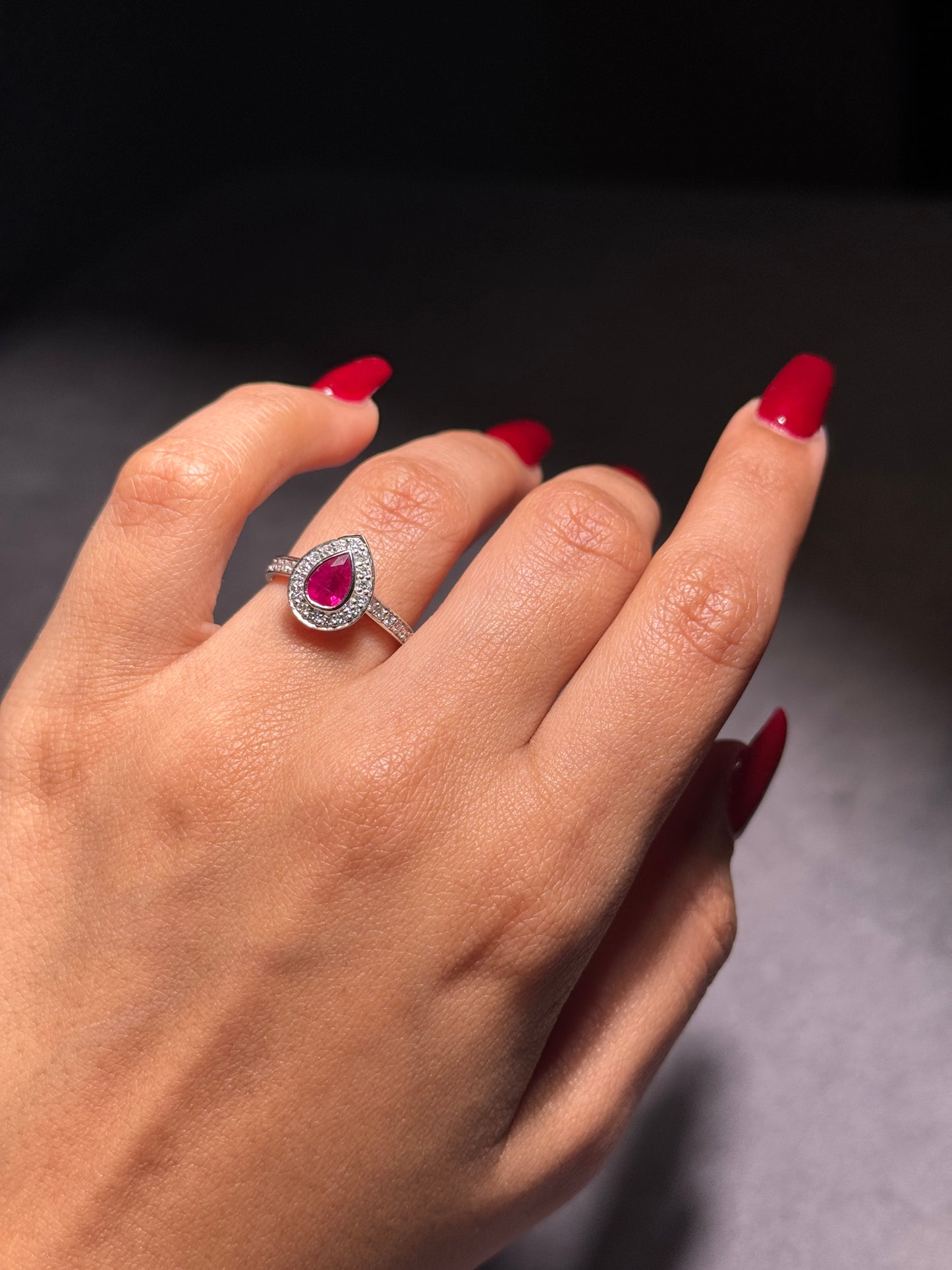 Pear Cut Natural Ruby & Diamond Ring, 18K Yellow & White Gold.