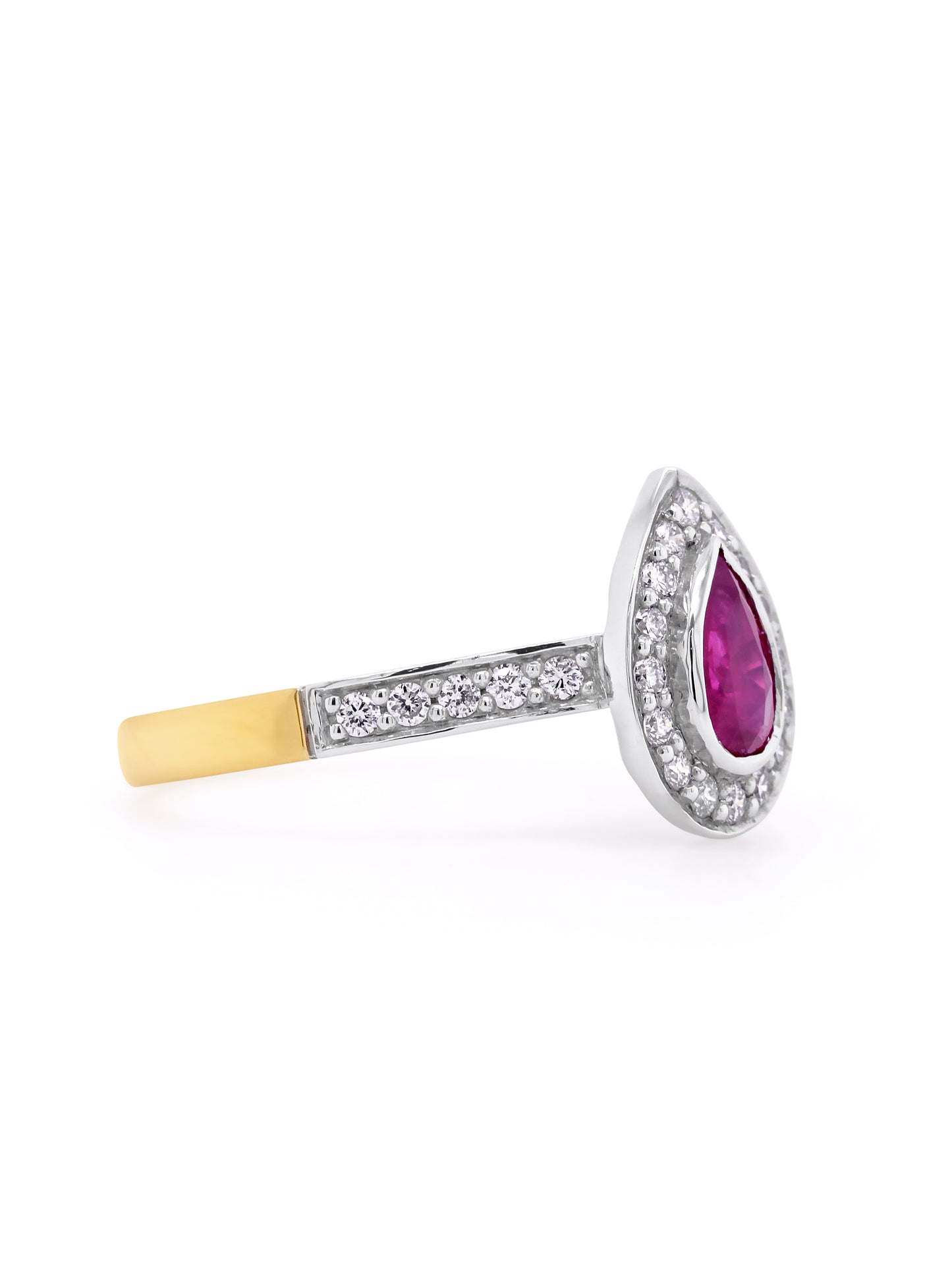 Pear Cut Natural Ruby & Diamond Ring, 18K Yellow & White Gold.