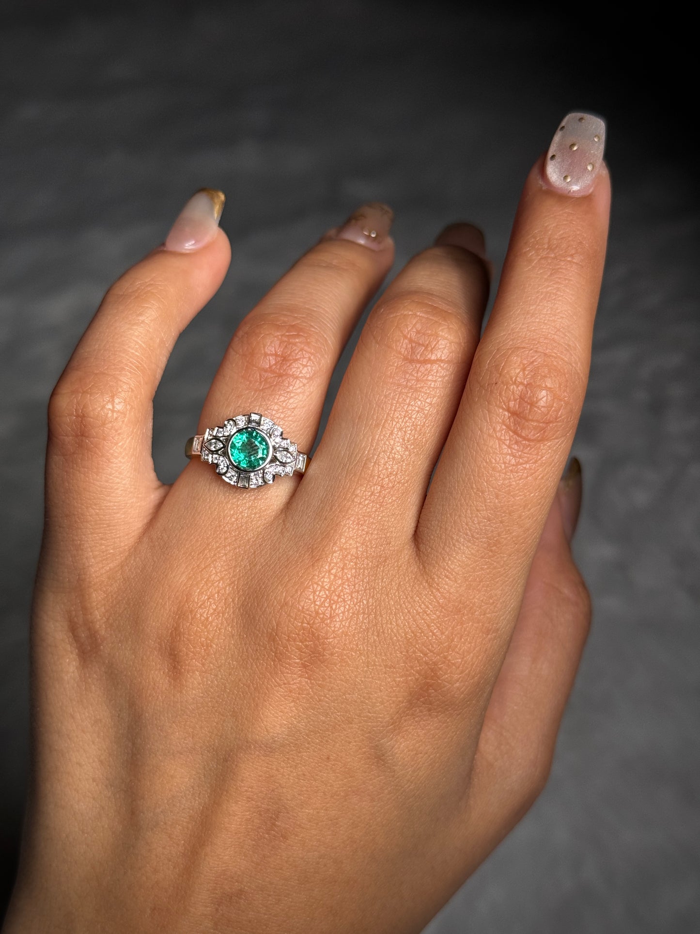 Natural Emerald & Diamond Bezel Set Ring in 18K White and Yellow Gold.