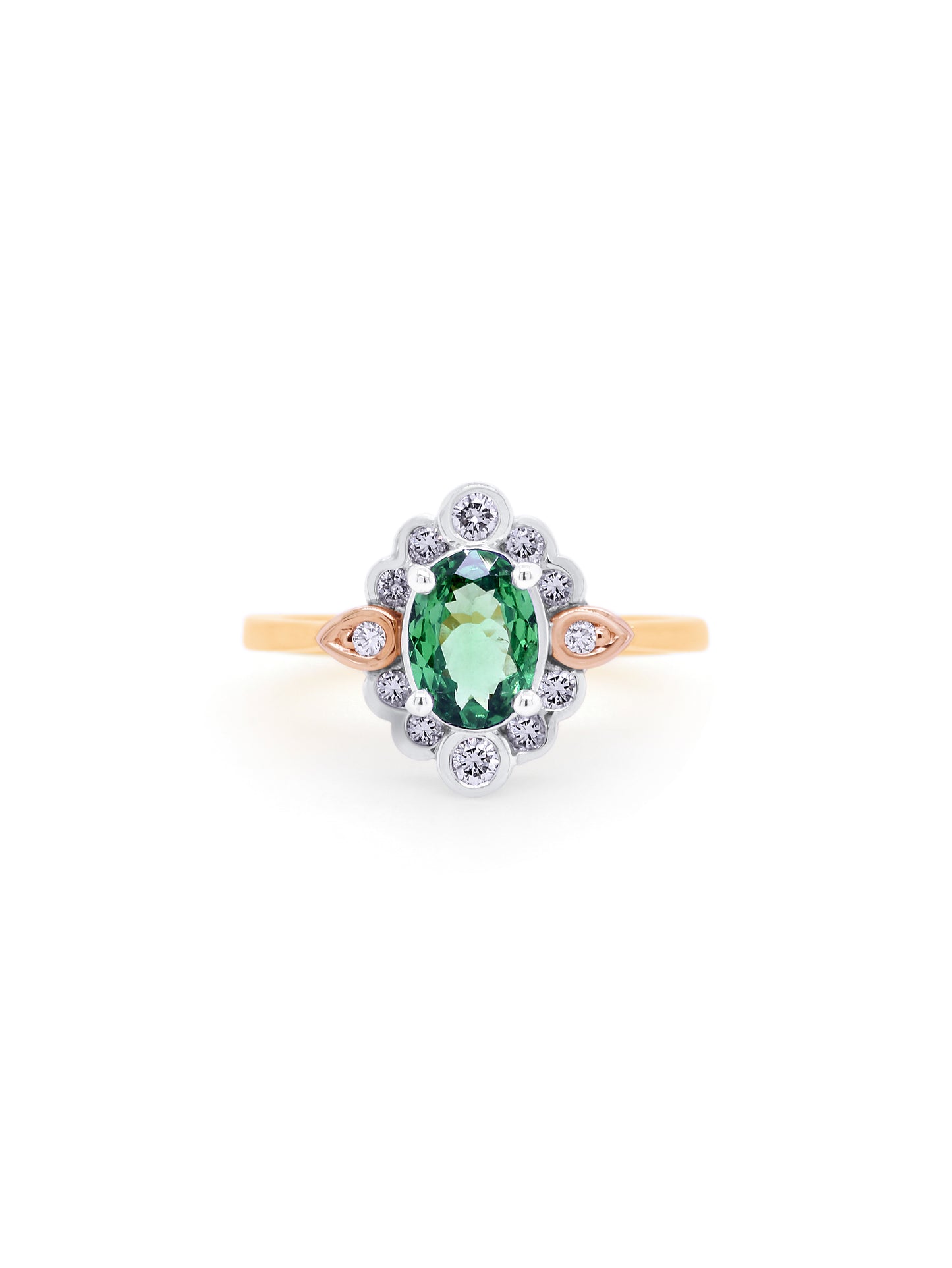 Tsavorite Garnet & Diamonds set in 18K Yellow White & Rose Gold.