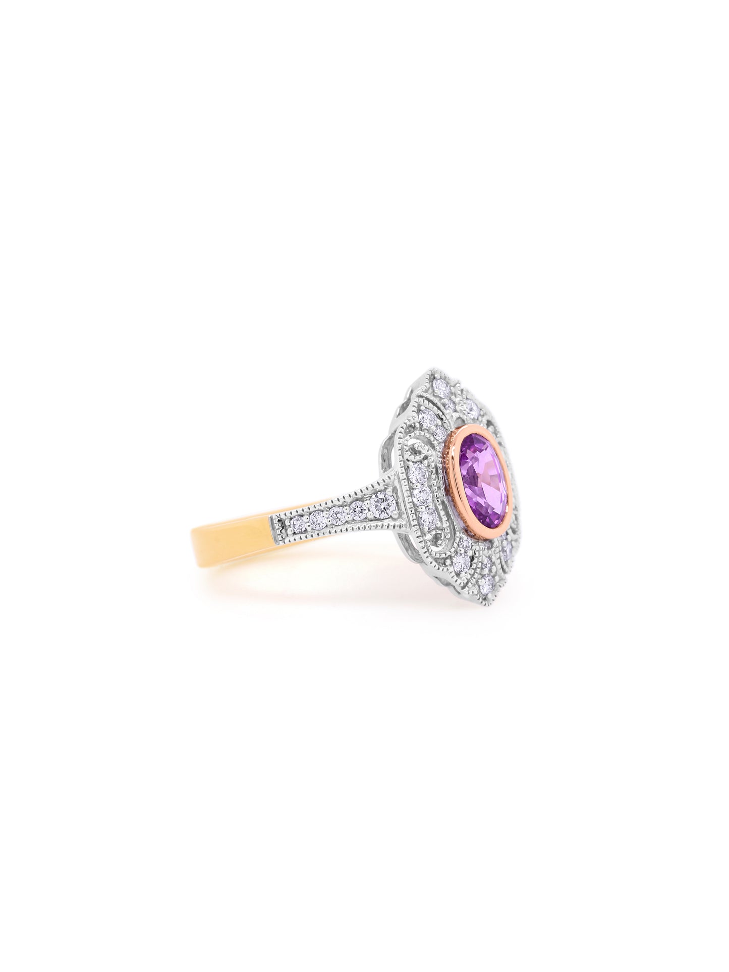 Pink Sapphire & Diamond Set Yellow Rose White Gold, S=1.11ct D=0.33ct.