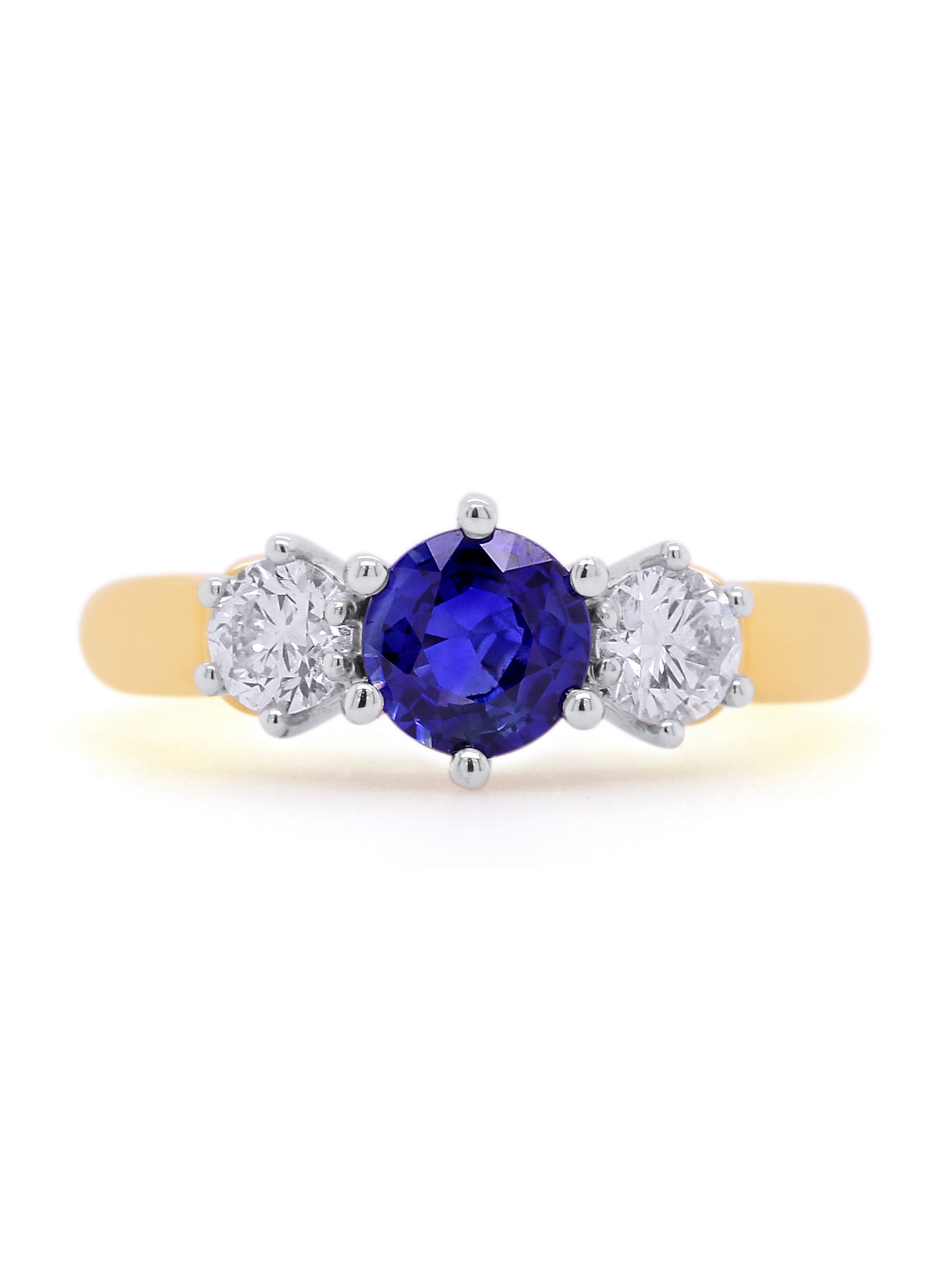 18ct Yellow Gold 2xDiamond & 6mm Royal Blue Sapphire ring.