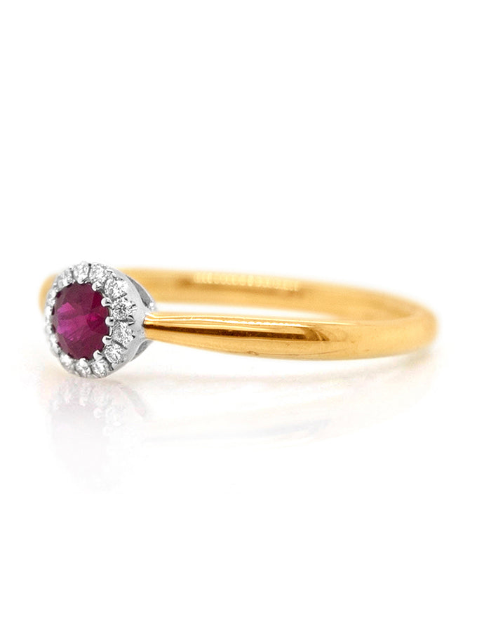Round Ruby & Diamond Set Halo Ring, 18 Yellow Gold.