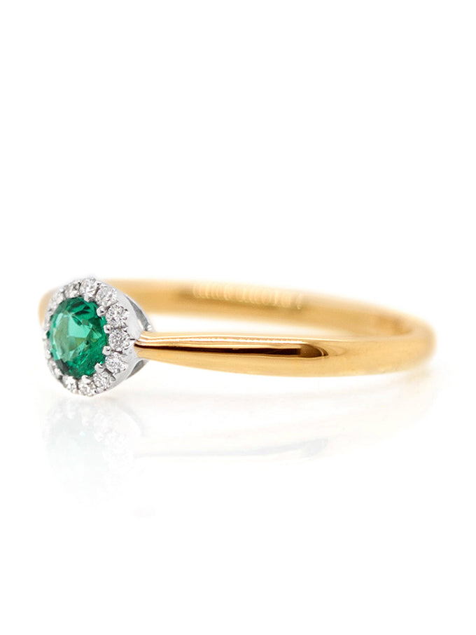 Round Emerald & Diamond Set Halo Ring, 18K Yellow Gold.