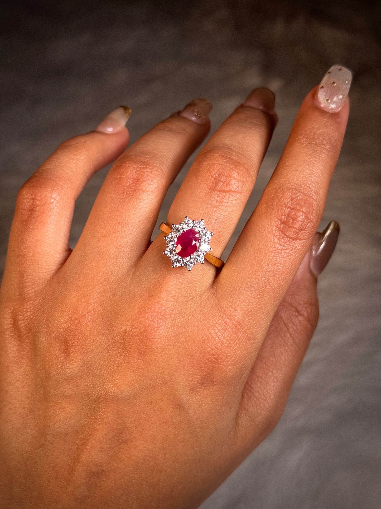 1.44 Carat Ruby & Diamond Cluster Ring, 18 Carat Yellow & White Gold
