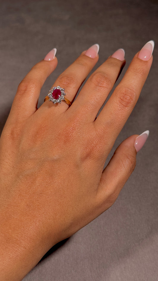 1.44 Carat Ruby & Diamond Cluster Ring, 18 Carat Yellow & White Gold