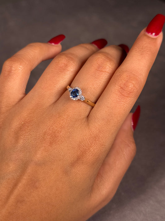 Sapphire 5x4 & 0.21ct Diamond Cluster Ring in 9 Carat Yellow Gold