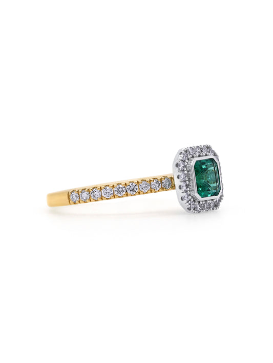 Natural Emerald Cut Emerald & Diamond Ring in 18 Carat Yellow Gold.