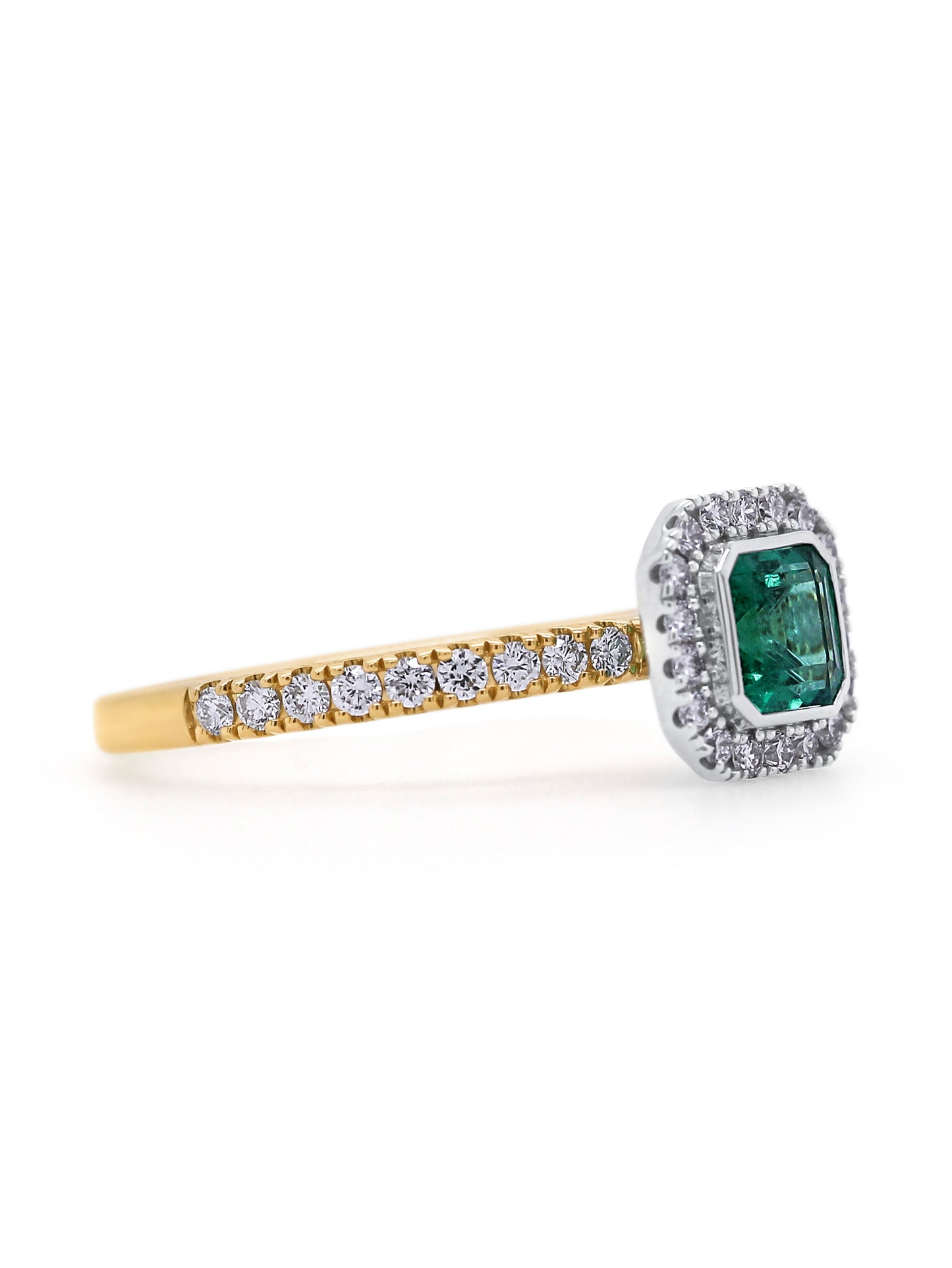 Natural Emerald Cut Emerald & Diamond Ring in 18 Carat Yellow Gold.