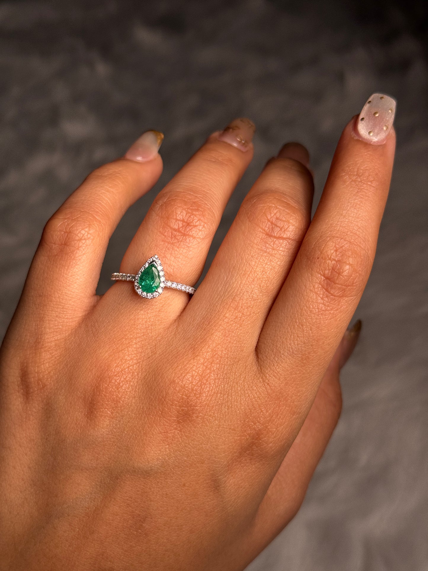 Pear Cut Natural Emerald and Diamond Set Ring, 18K White Gold