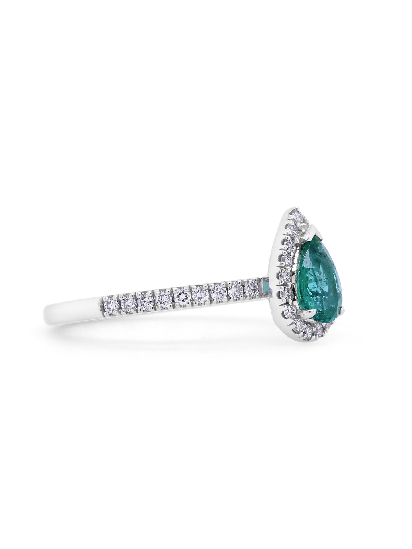 Pear Cut Natural Emerald and Diamond Set Ring, 18K White Gold