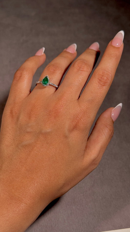 Pear Cut Natural Emerald and Diamond Set Ring, 18K White Gold