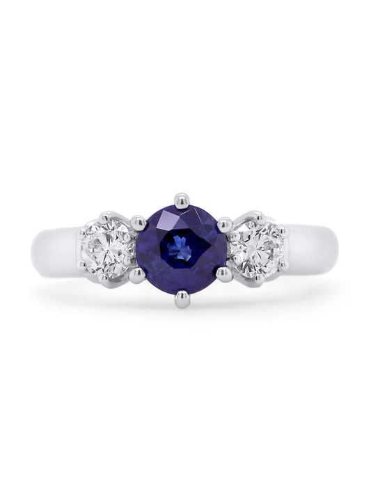 Royal Blue Sapphire 6mm & Diamonds T=0.50ct Set Ring 18K White Gold