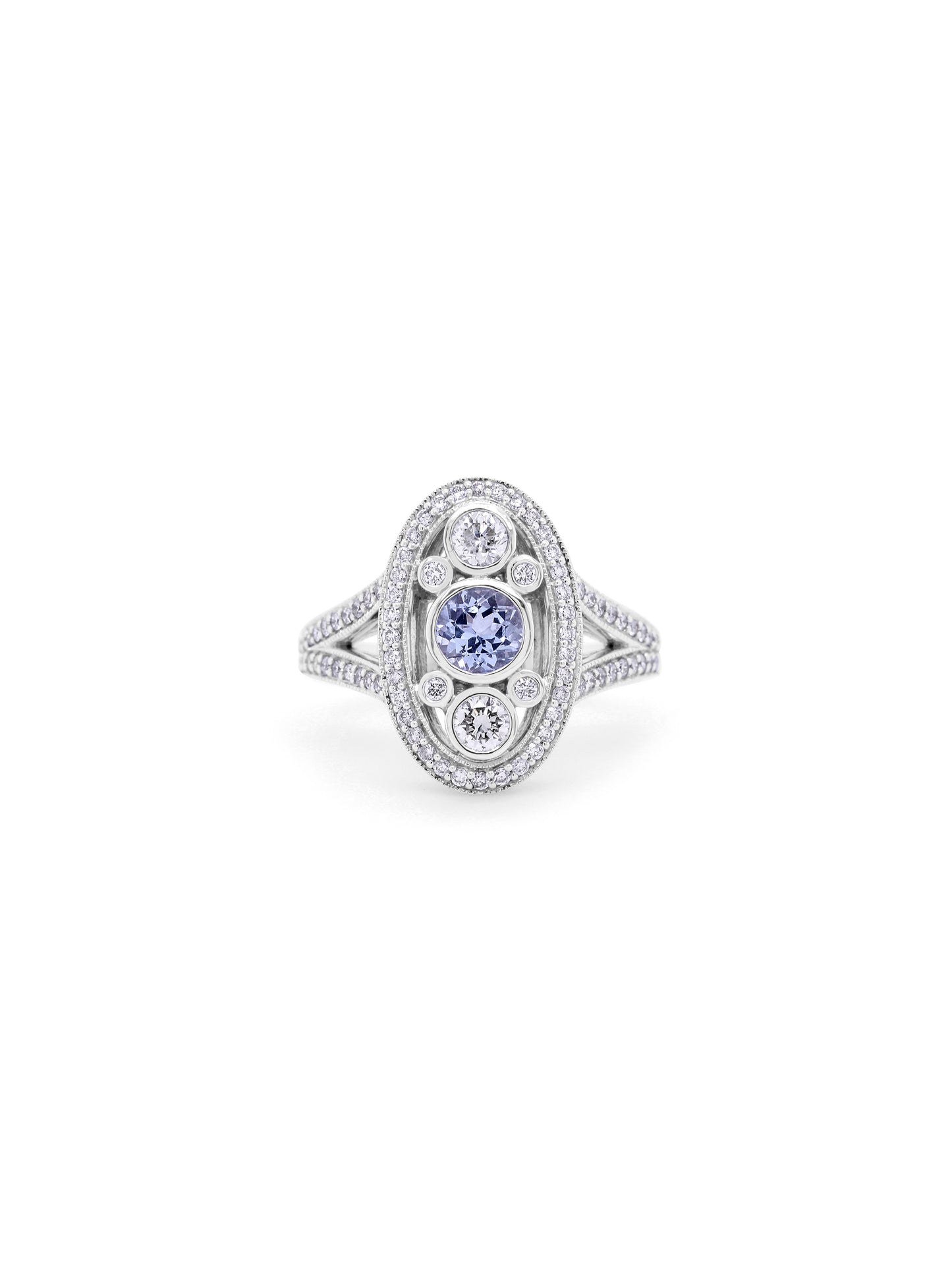 Aquamarine & Diamond Set Antique Style Ring in 9 Carat White Gold.
