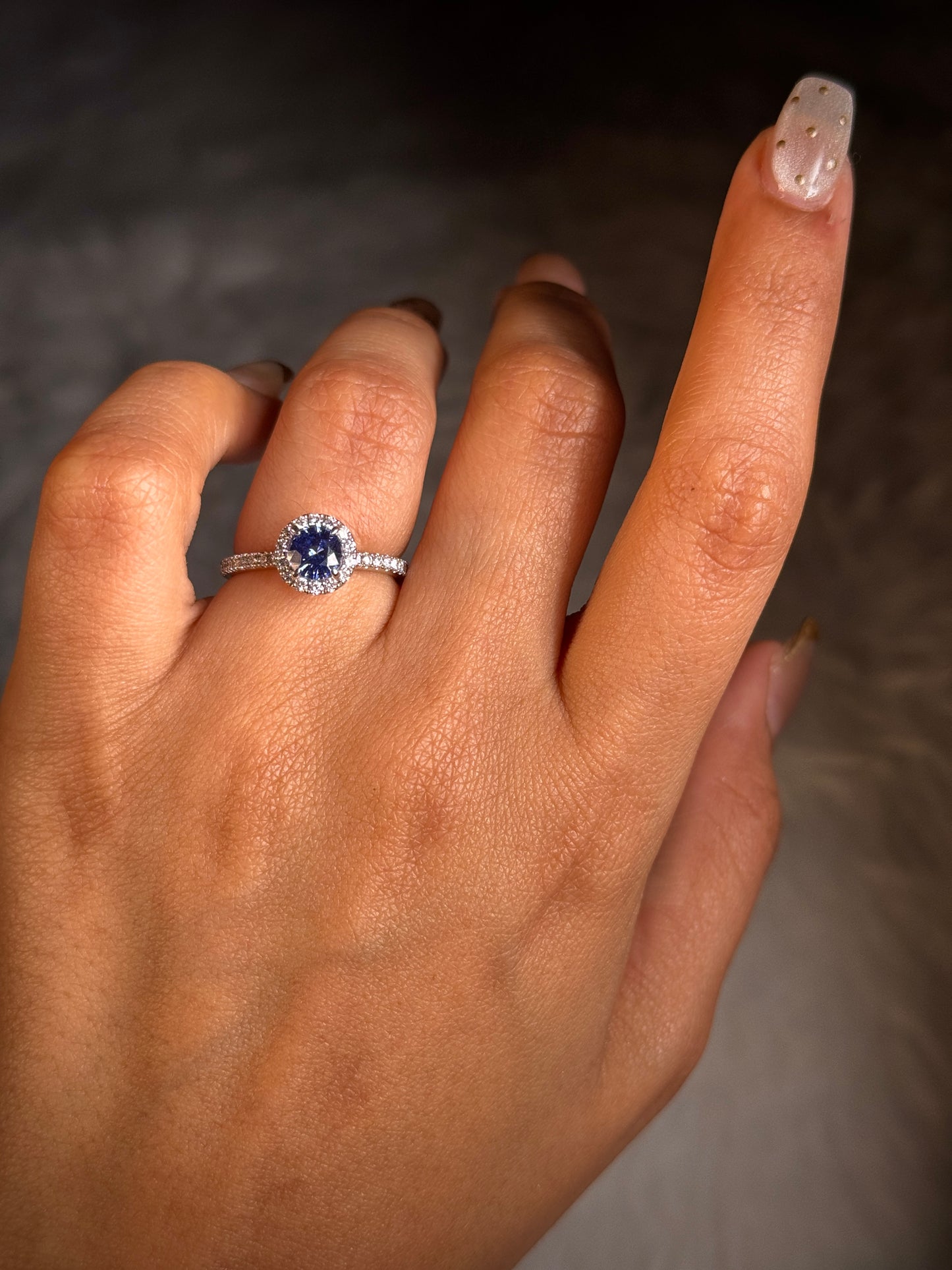 Round Halo Cluster Cornflour Blue Sapphire & Diamond Ring