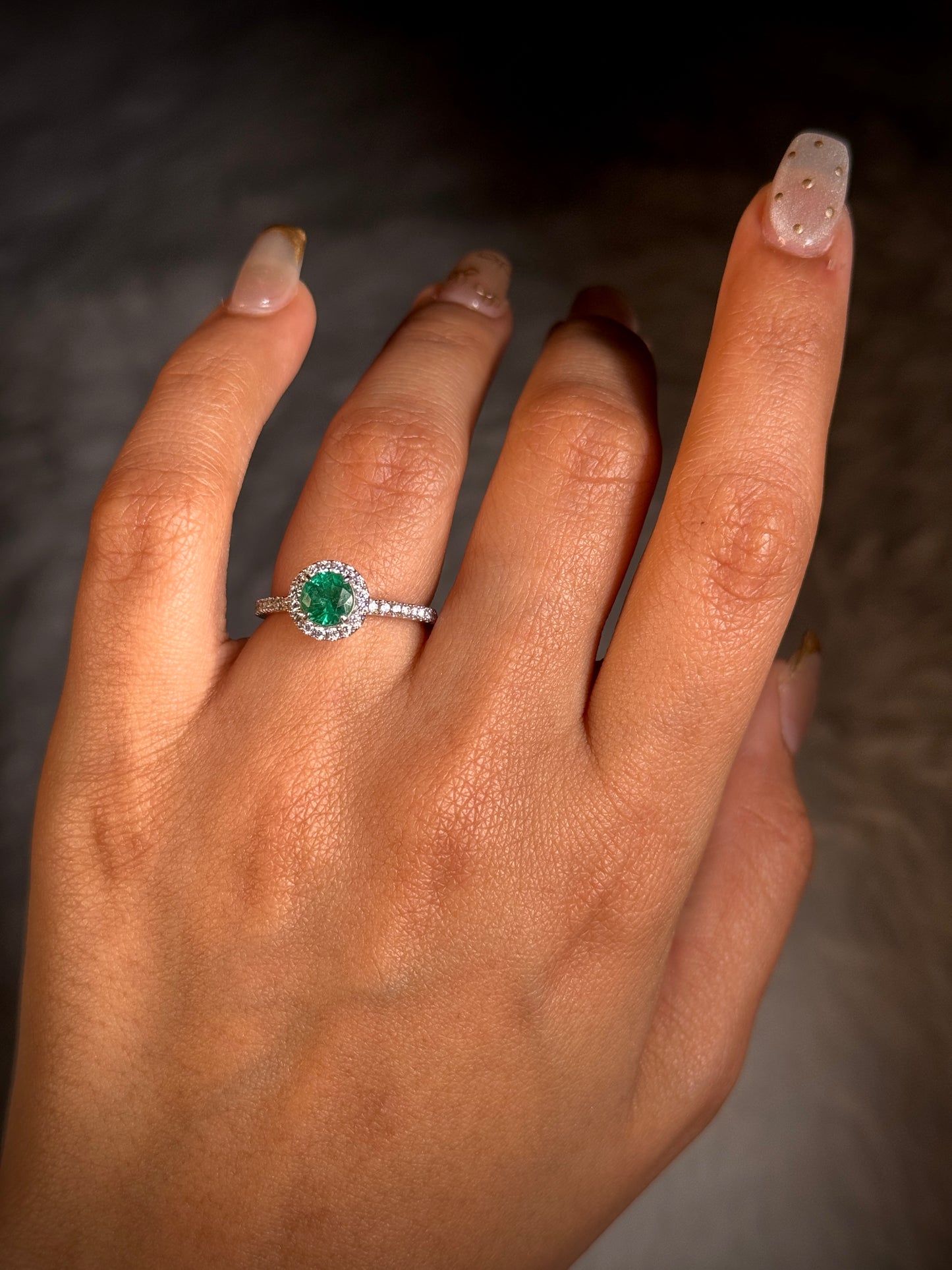 Round Halo Cluster Emerald Ring Set In 18K White Gold
