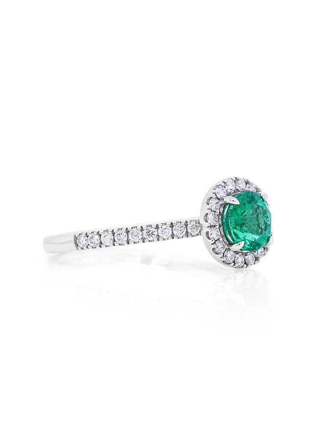 Round Halo Cluster Emerald Ring Set In 18K White Gold