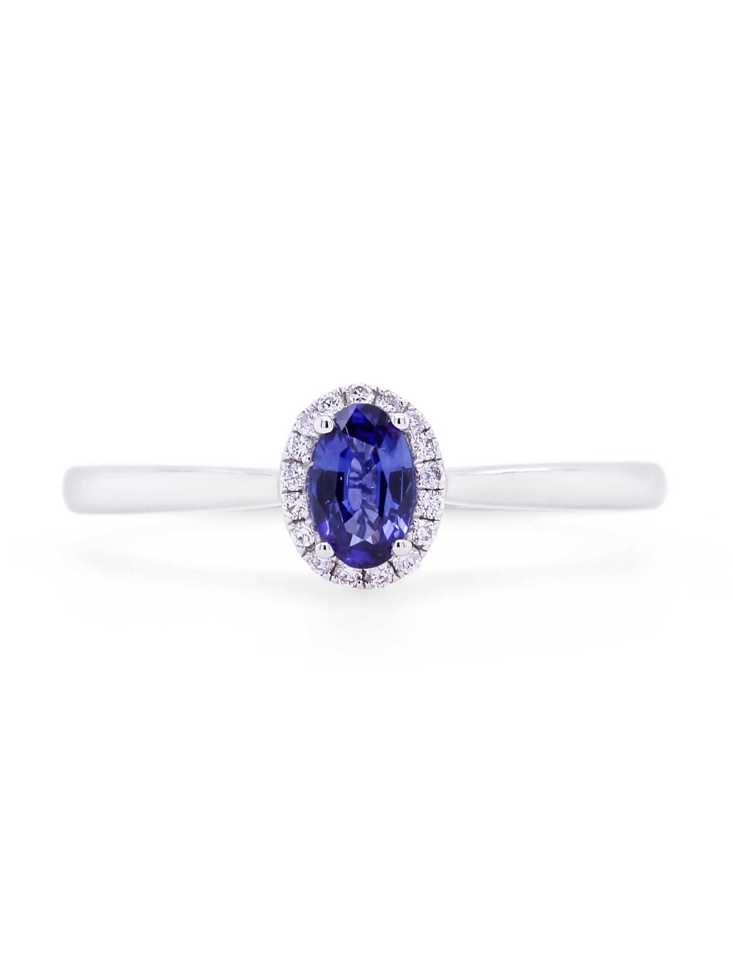 Oval Sapphire & Diamond Halo Ring, 18K White Gold.