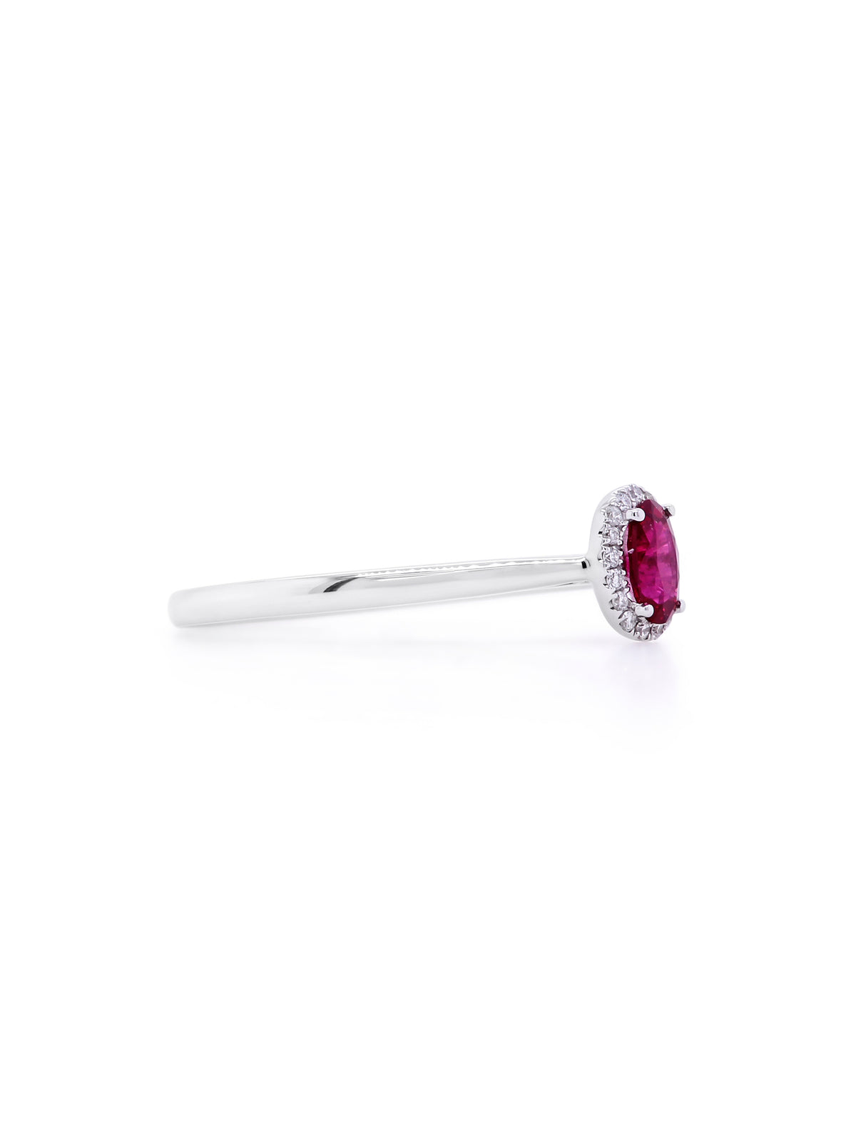 Oval Ruby & Diamond Halo Ring, 18K White Gold.