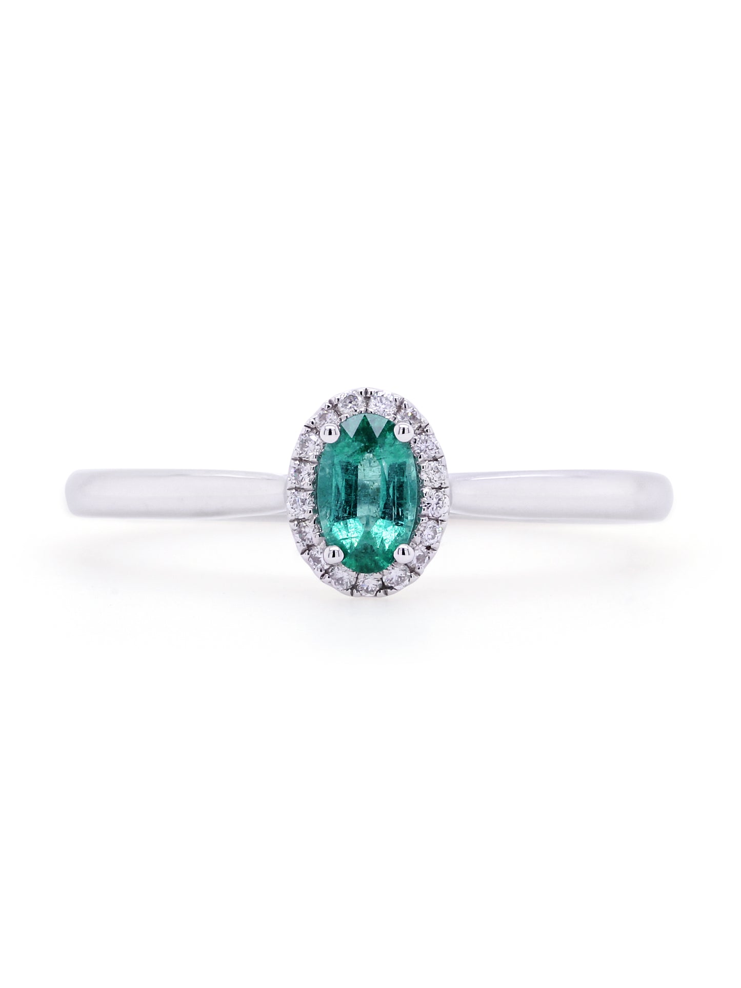 Oval Emerald & Diamond Halo Ring, 18K White Gold.