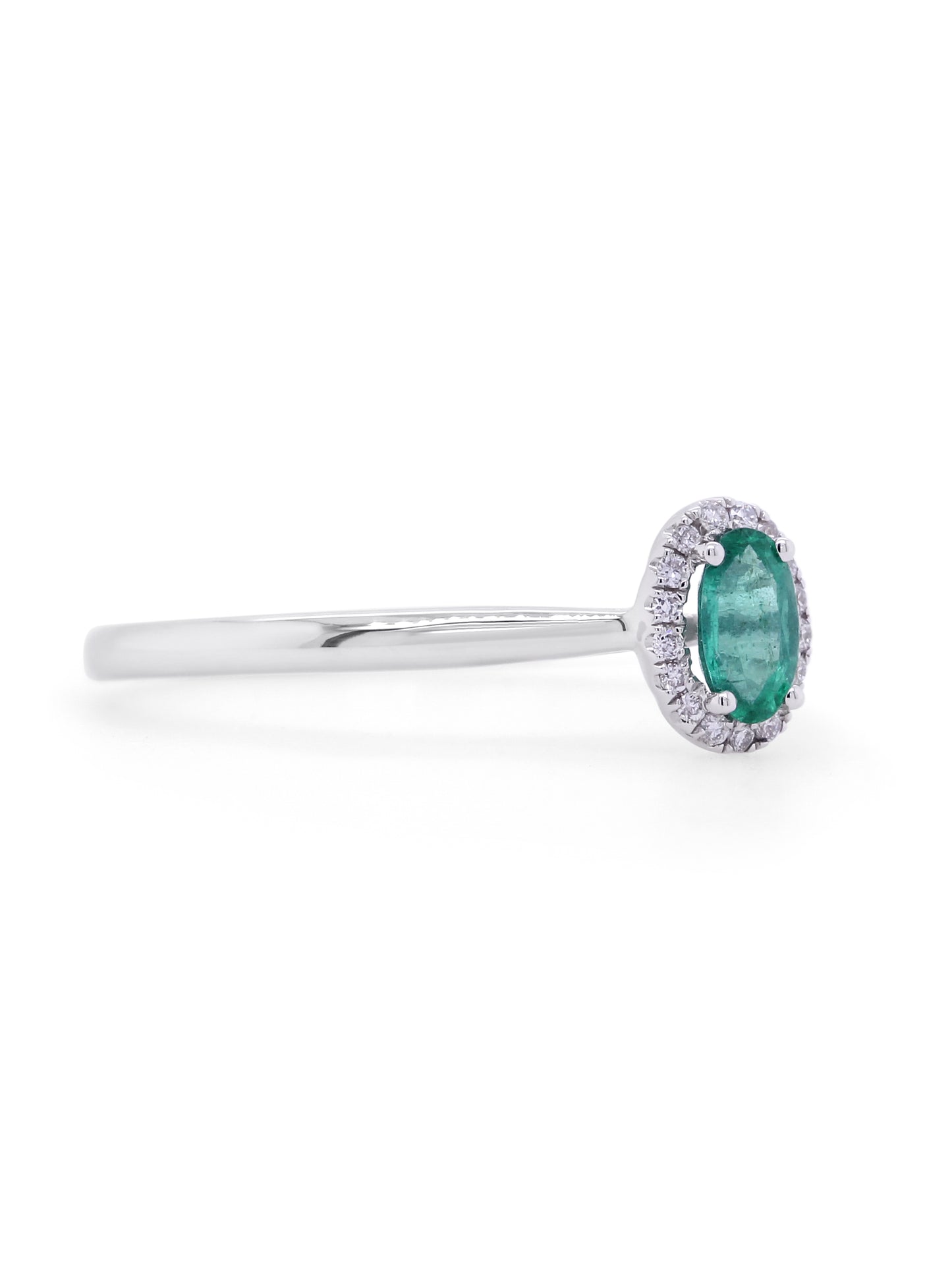 Oval Emerald & Diamond Halo Ring, 18K White Gold.