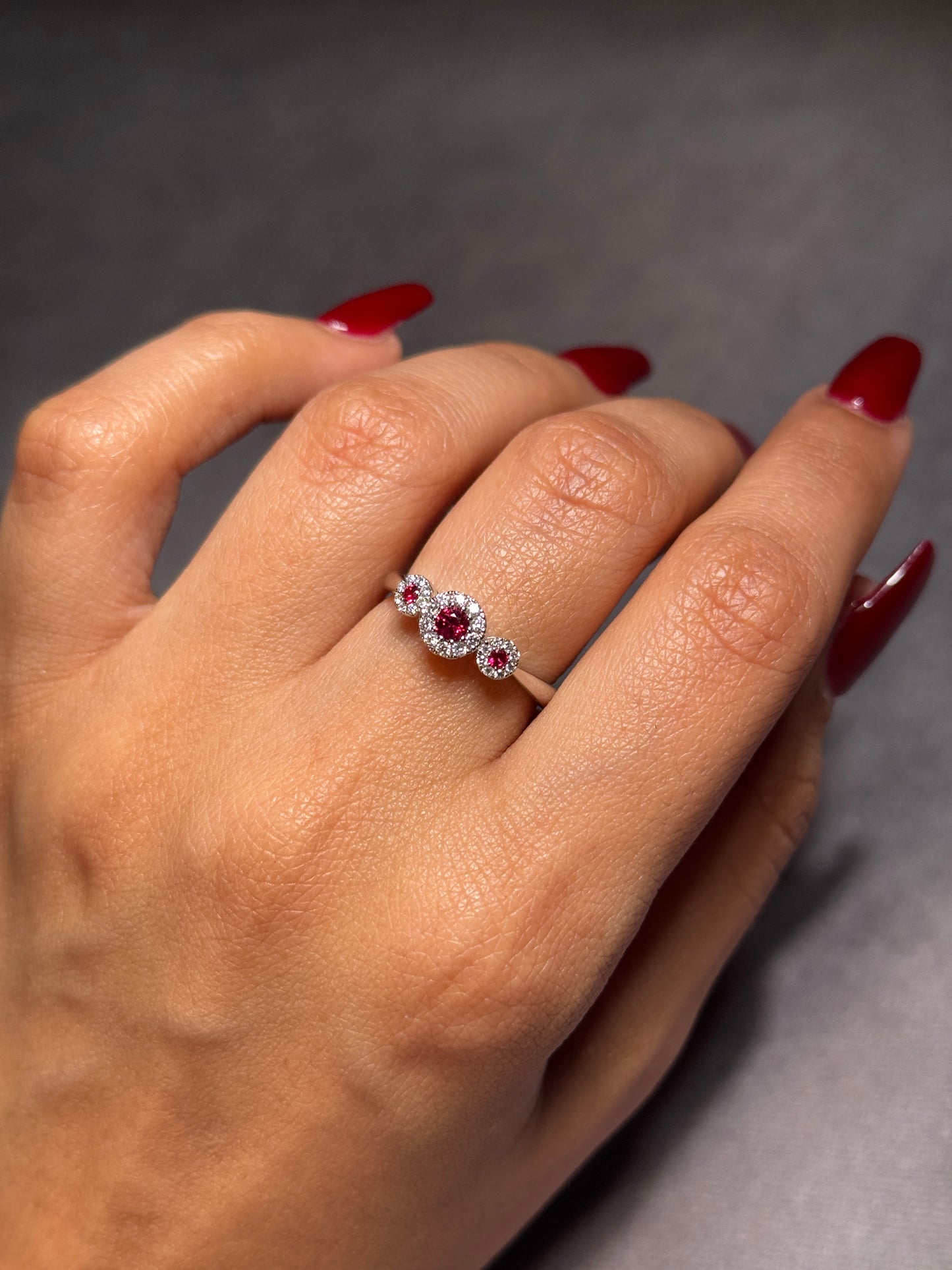Ruby & Diamond Halo Trilogy Ring, 18K White Gold.