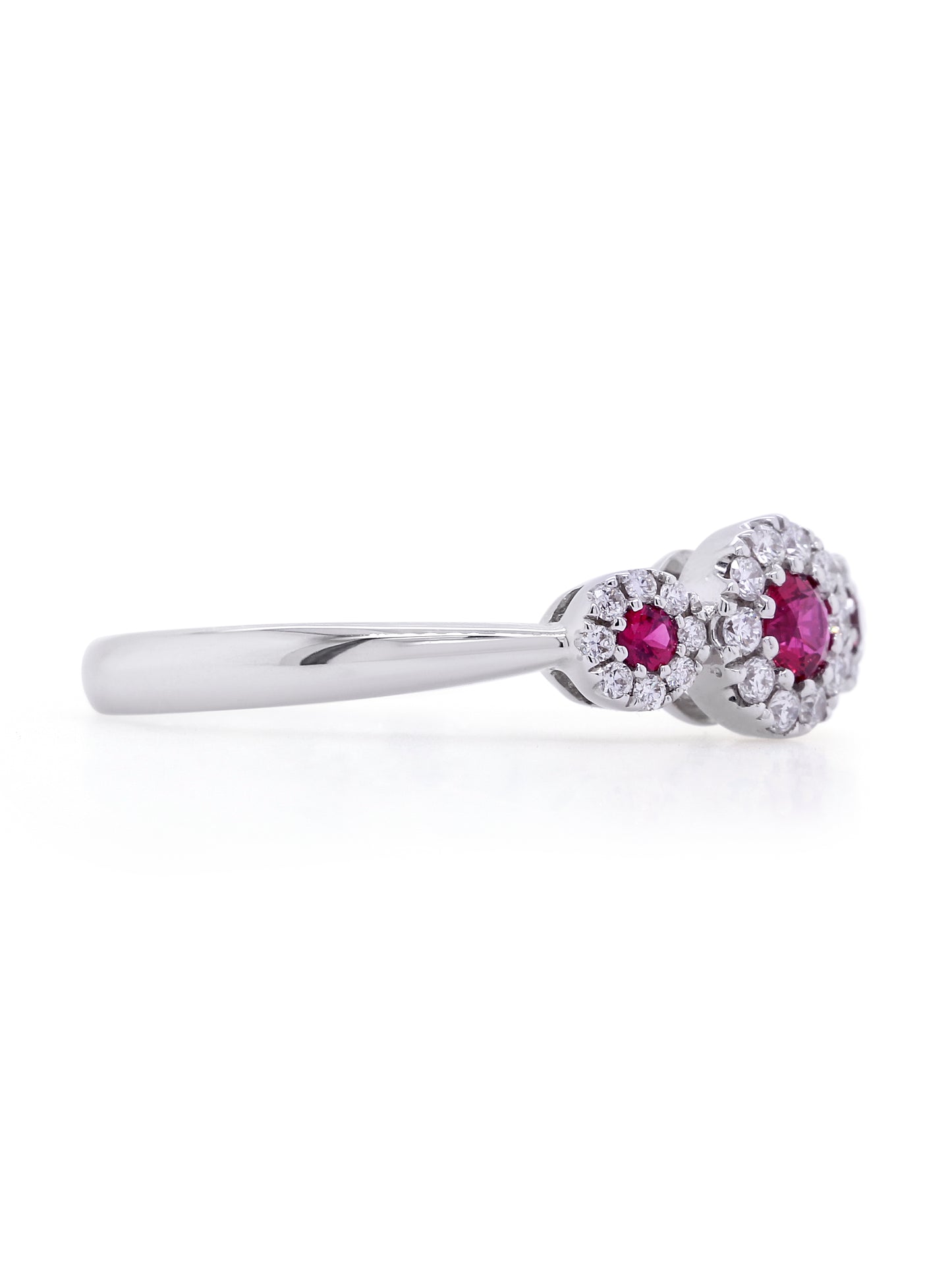 Ruby & Diamond Halo Trilogy Ring, 18K White Gold.