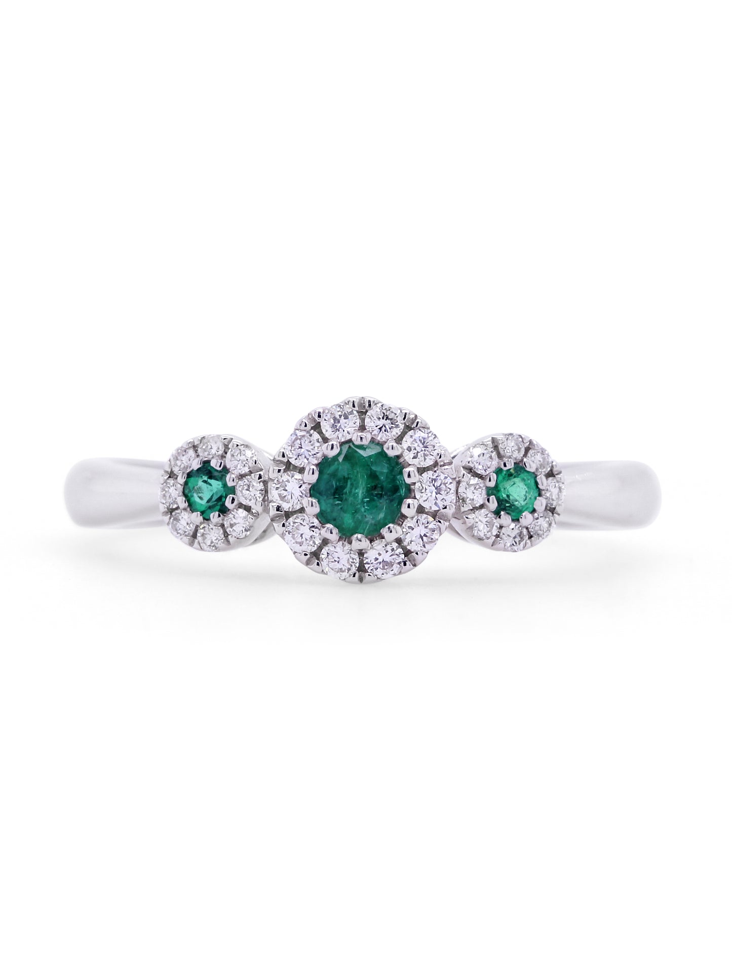 Emerald & Diamond Halo Trilogy Ring, 18 Carat White Gold.