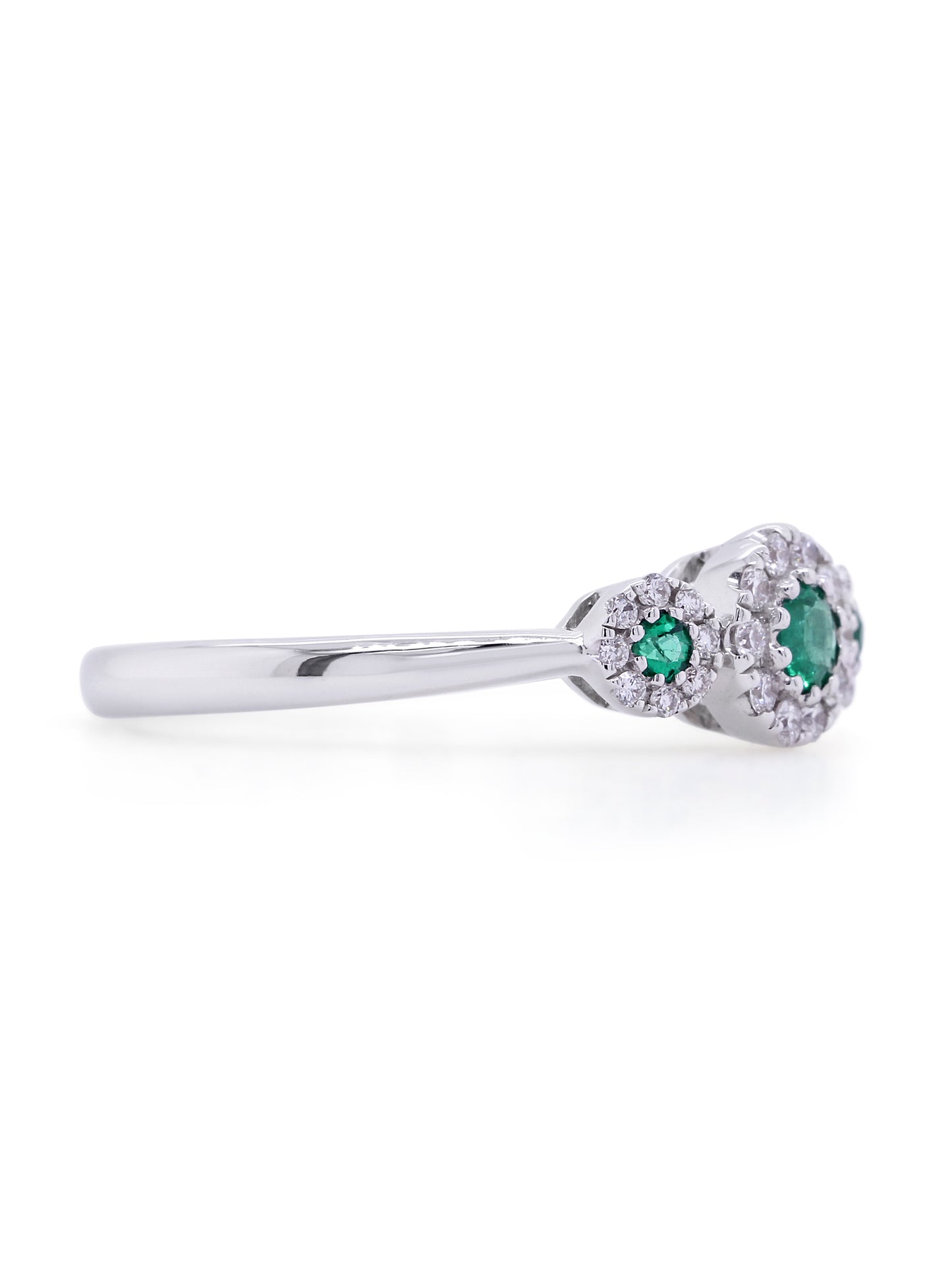 Emerald & Diamond Halo Trilogy Ring, 18 Carat White Gold.