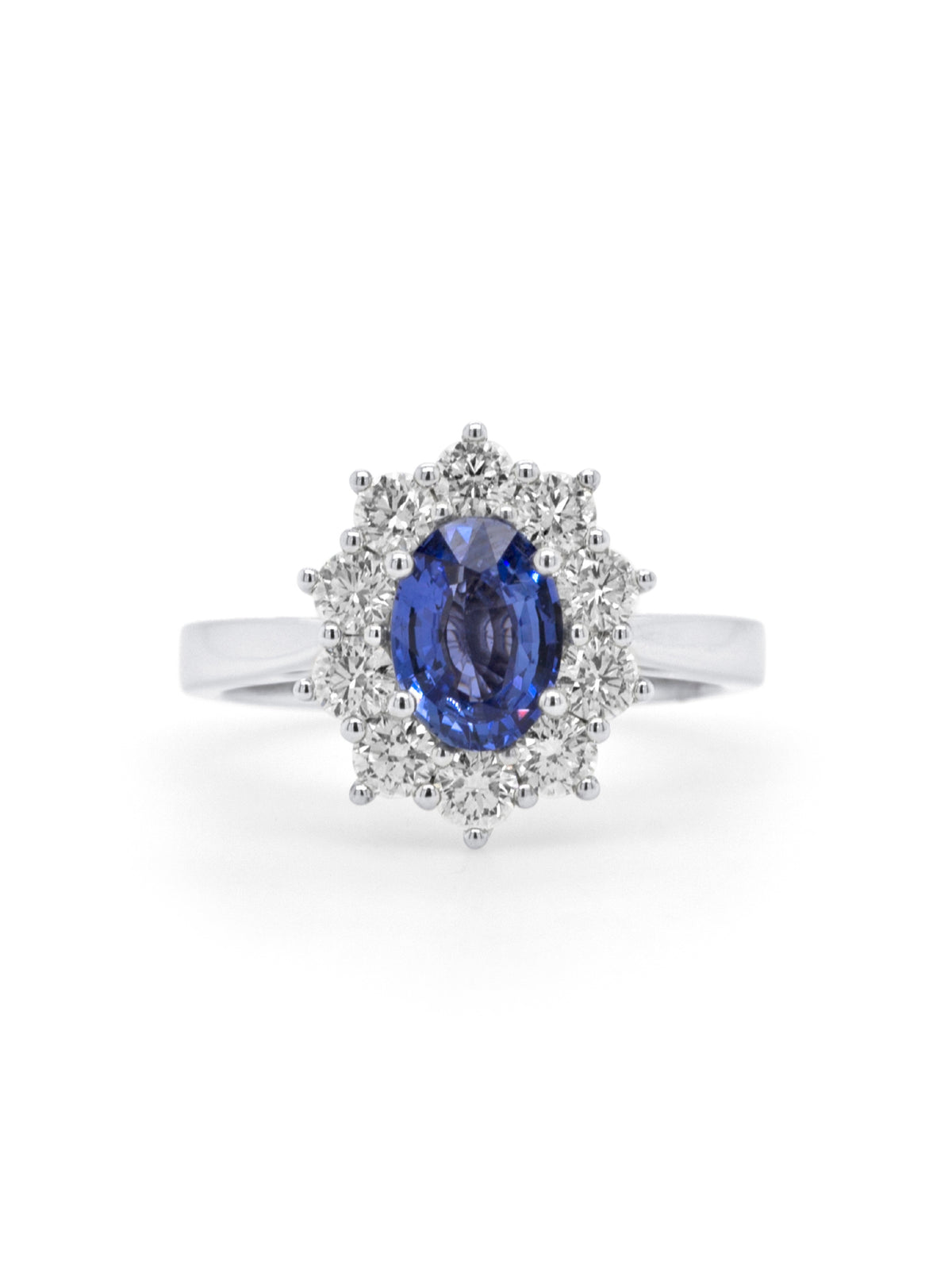 Sapphire Oval 8.05x5.9mm 1.32ct, T=0.94ct Diamond Ring, 18K White Gold