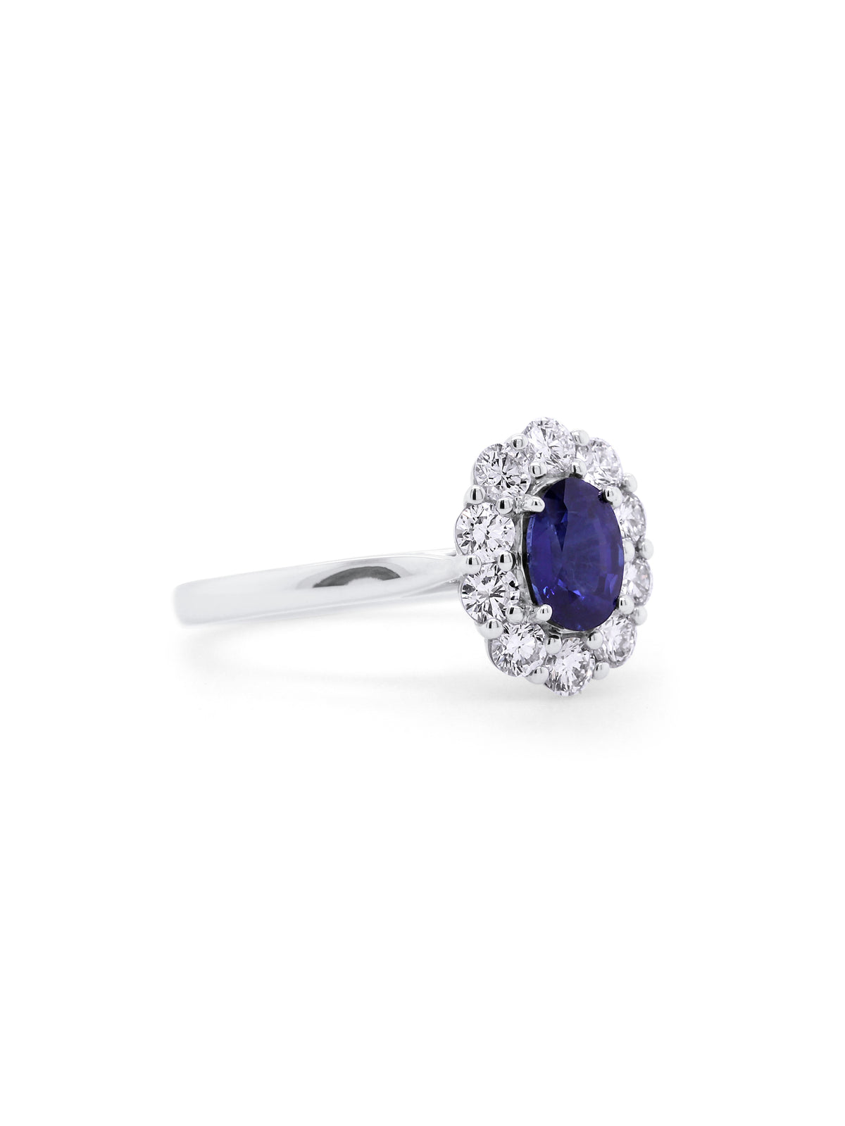 Lab Grown Diamond & Natural Sapphire Cluster Ring in 18K White Gold.