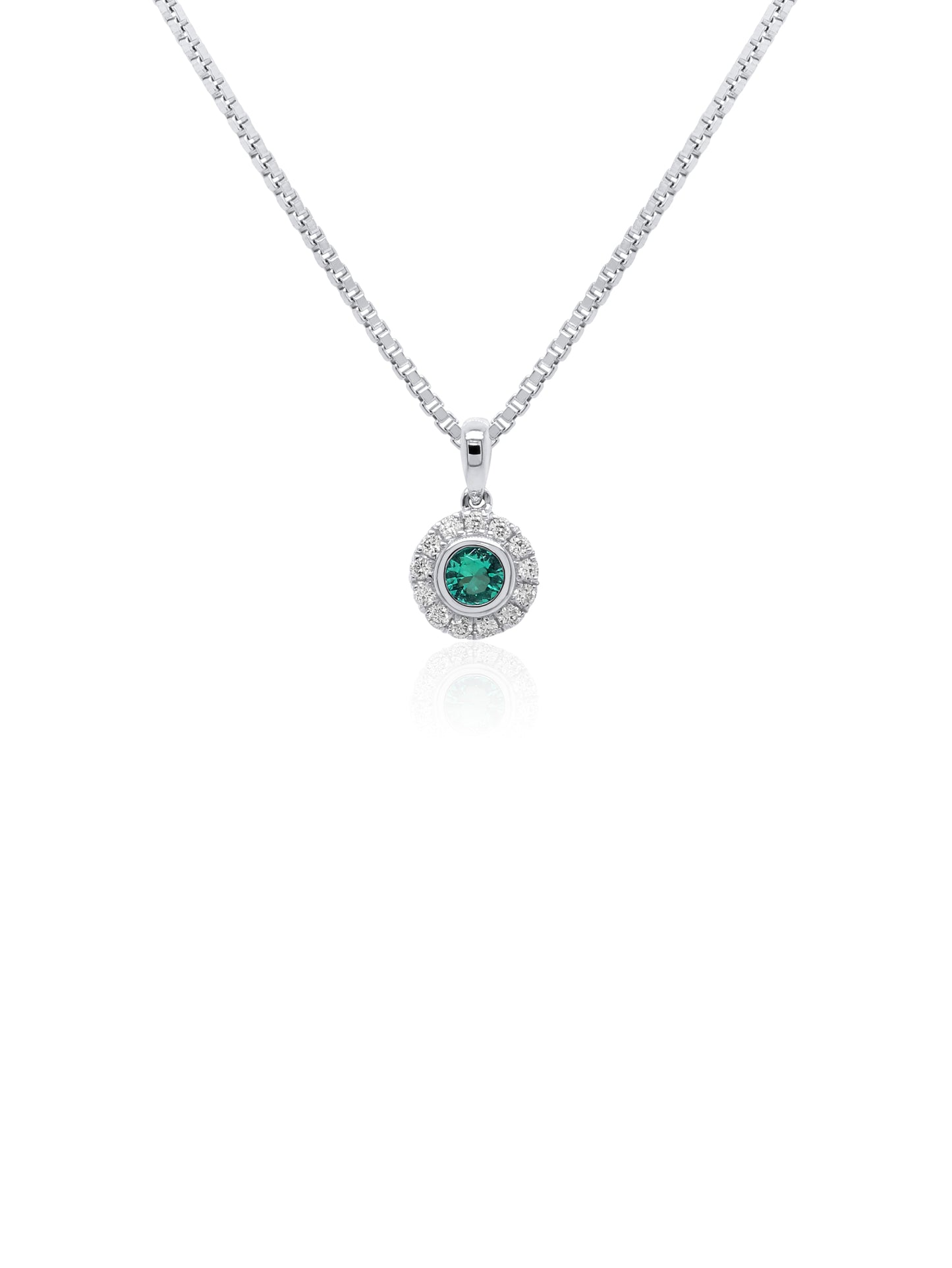 Emerald & Diamond Pendant, 18K White Gold (Silver Chain)