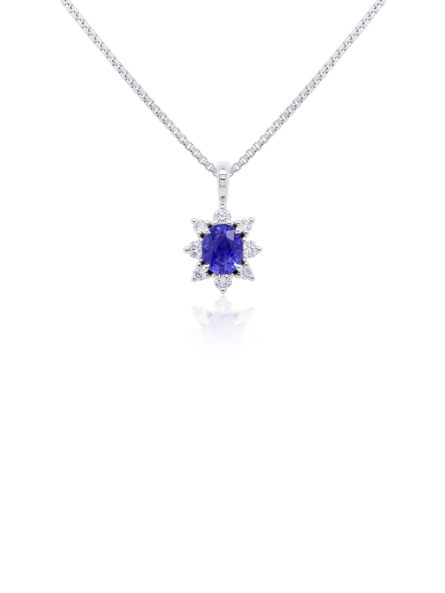 5x4 Oval Sapphire & 0.14 Carat Diamond Cluster Pendant, 9K White Gold