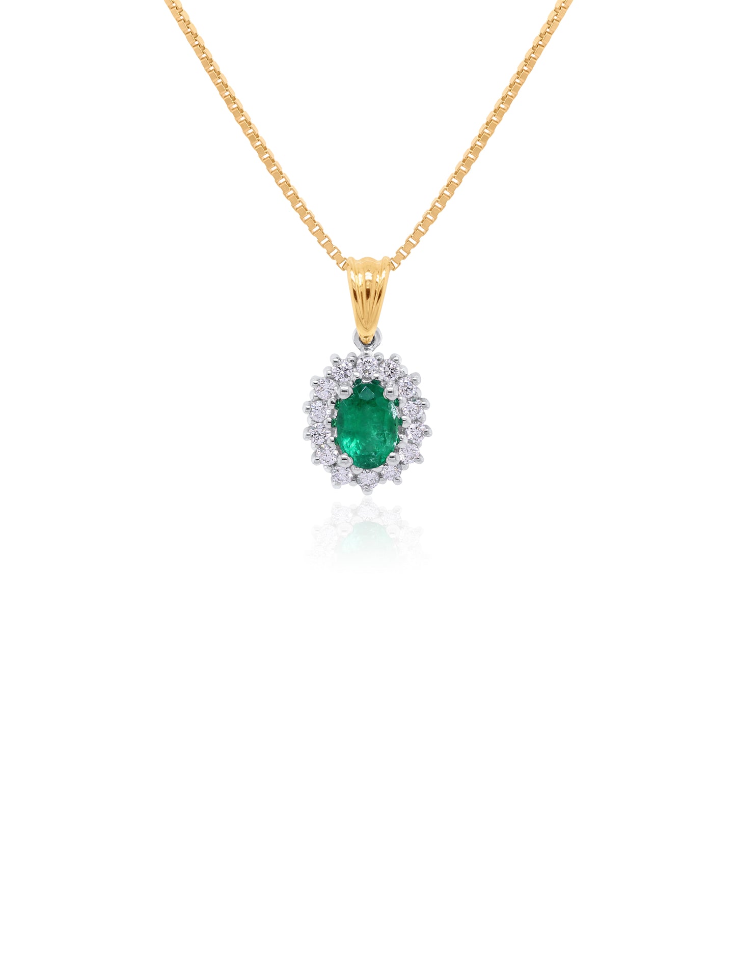 Emerald & Diamond Pendant in 18K Yellow & White Gold (Plated Chain)