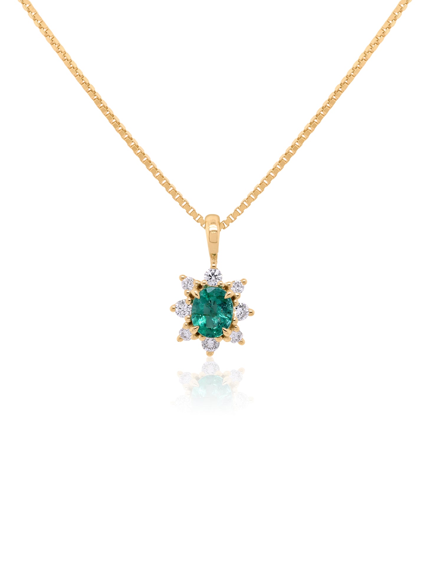 5x4 Oval Emerald & 0.14 Carat Diamond Cluster Pendant, 9K Yellow Gold