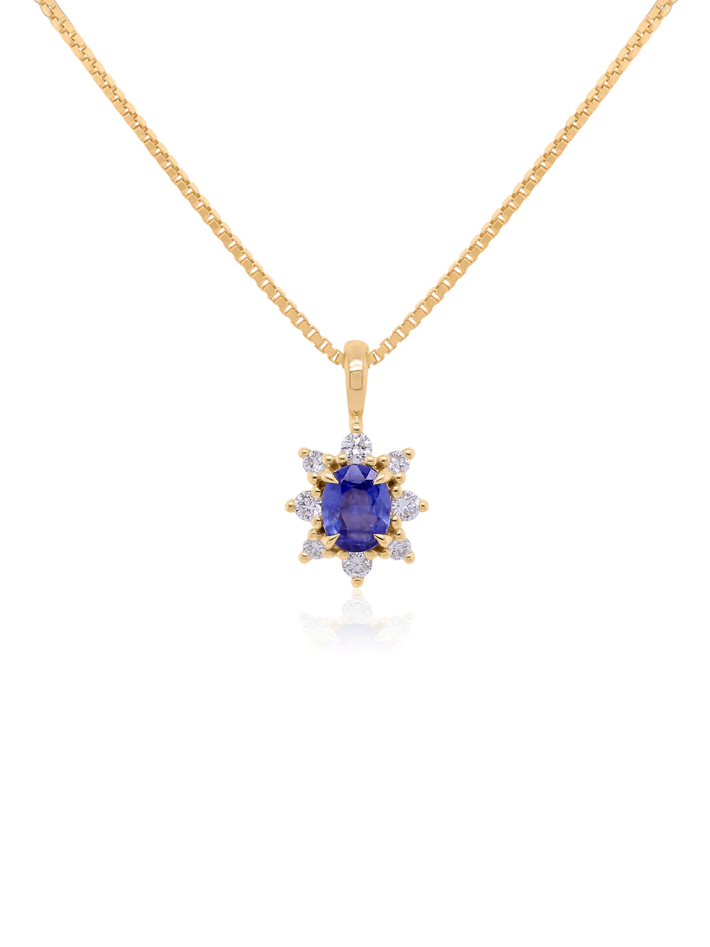 5x4 Oval Sapphire & 0.14 Carat Diamond Cluster Pendant, 9K Yellow Gold