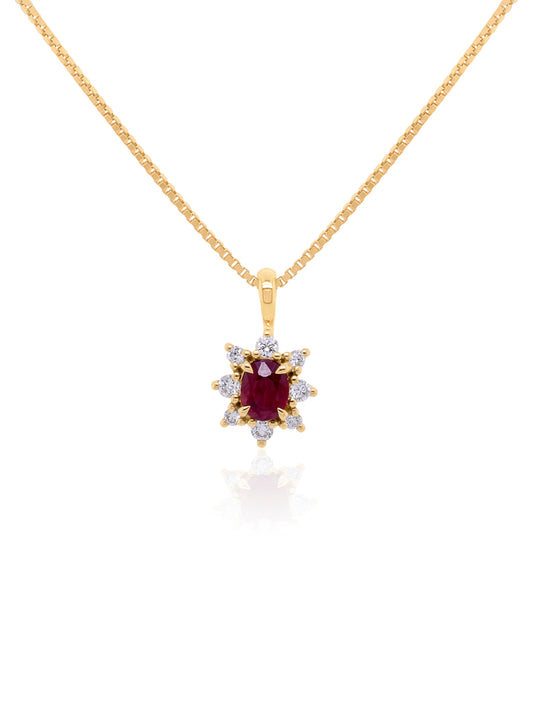 5x4 Oval Ruby & 0.14 Carat Diamond Cluster Pendant in 9k Yellow Gold